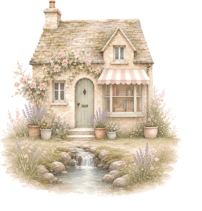 Watercolor illustration of a stone cottage bookshop with a sage-green door, pink striped awning and climbing roses, beside a small waterfall on a creek.